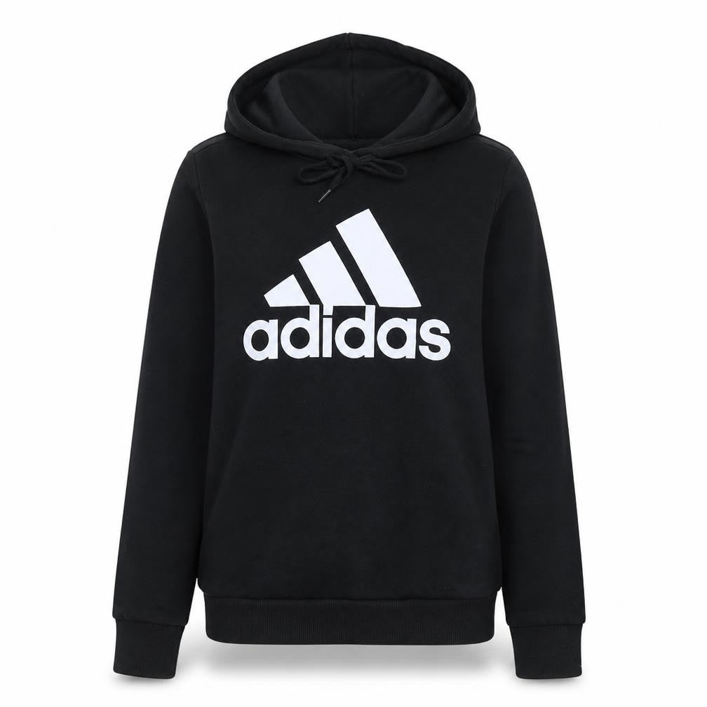 Front view of Adidas women’s black pullover hoodie, size M, 12-14 logo print