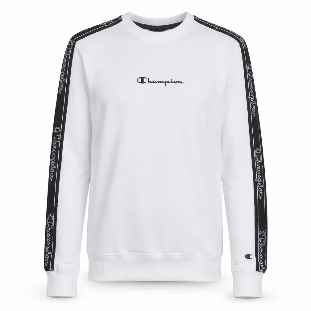 Front view of Champion Men's White Small Pullover Sweatshirt with Logo Taping