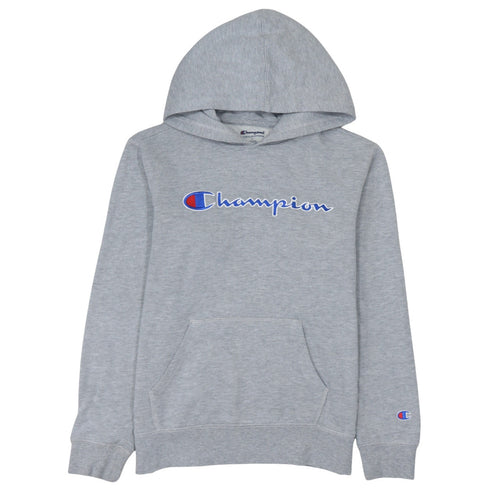 Champion Women Grey Pullover Hoodie L Logo Print Cotton Blend