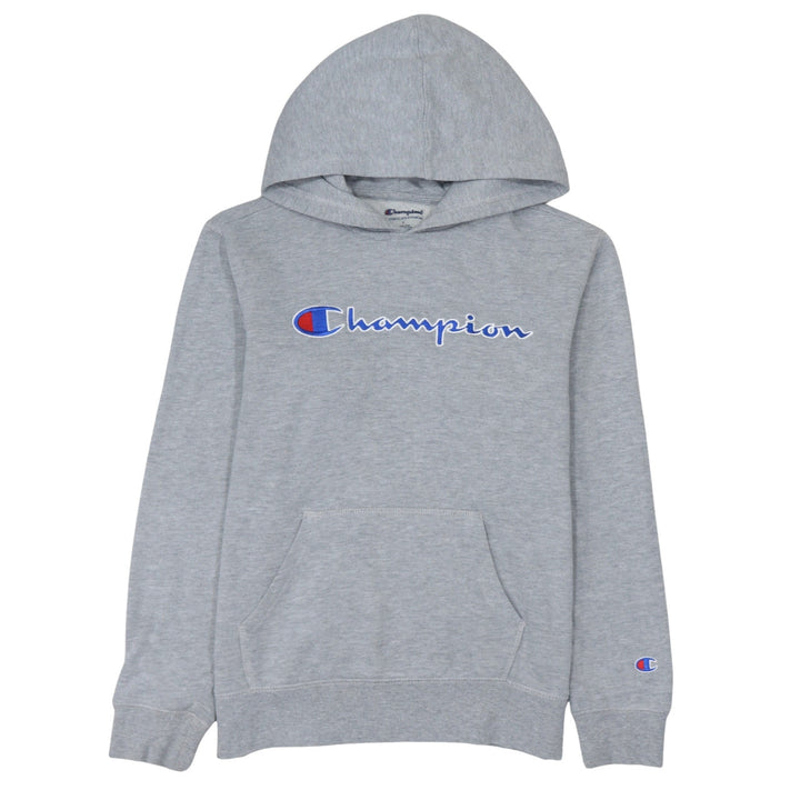 Champion Women Grey Pullover Hoodie L Logo Print Cotton Blend