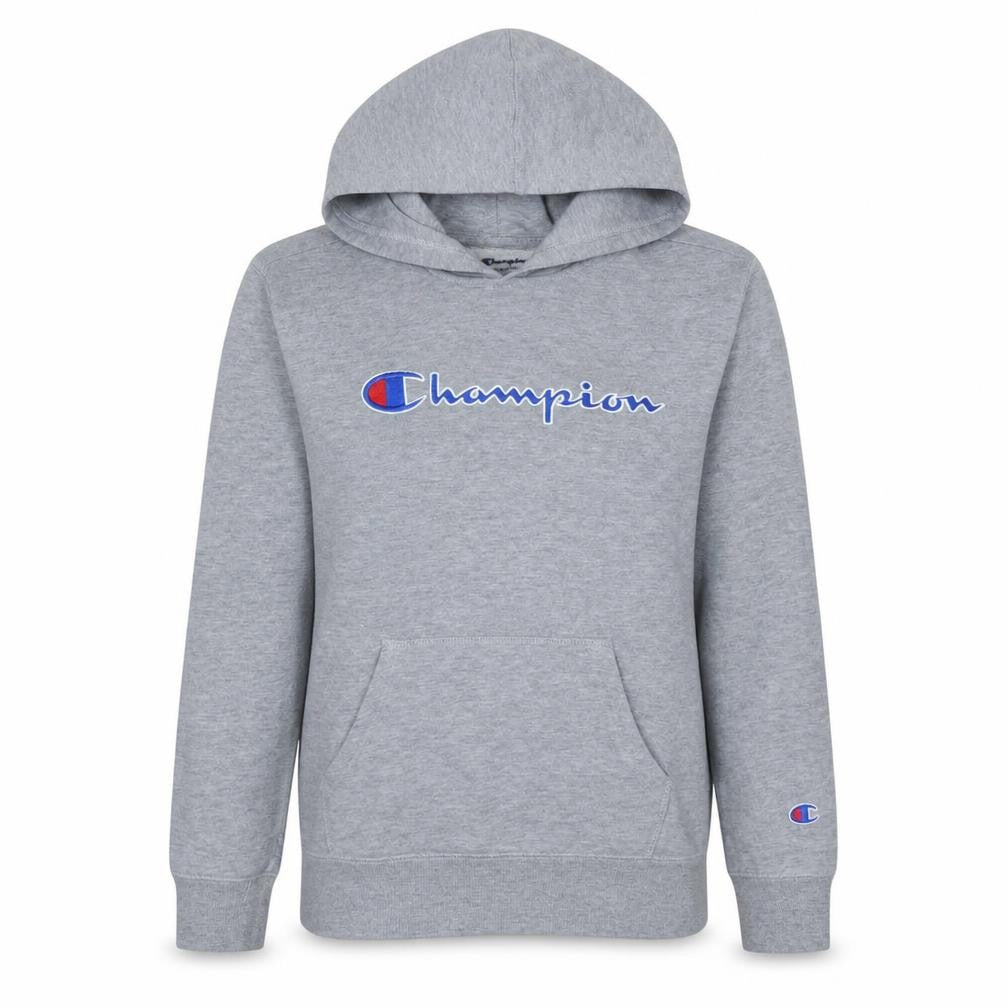 Front view of Champion Women Grey Pullover Hoodie L Logo Print Cotton Blend