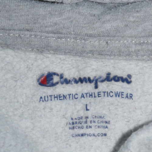 Champion Women Grey Pullover Hoodie L Logo Print Cotton Blend