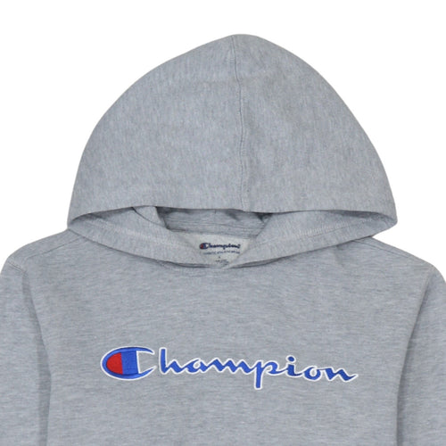 Champion Women Grey Pullover Hoodie L Logo Print Cotton Blend