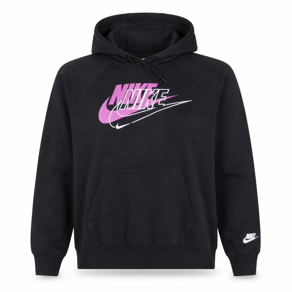 Front view of Nike Men's Black Small Pullover Hoodie with Pink Logo Print