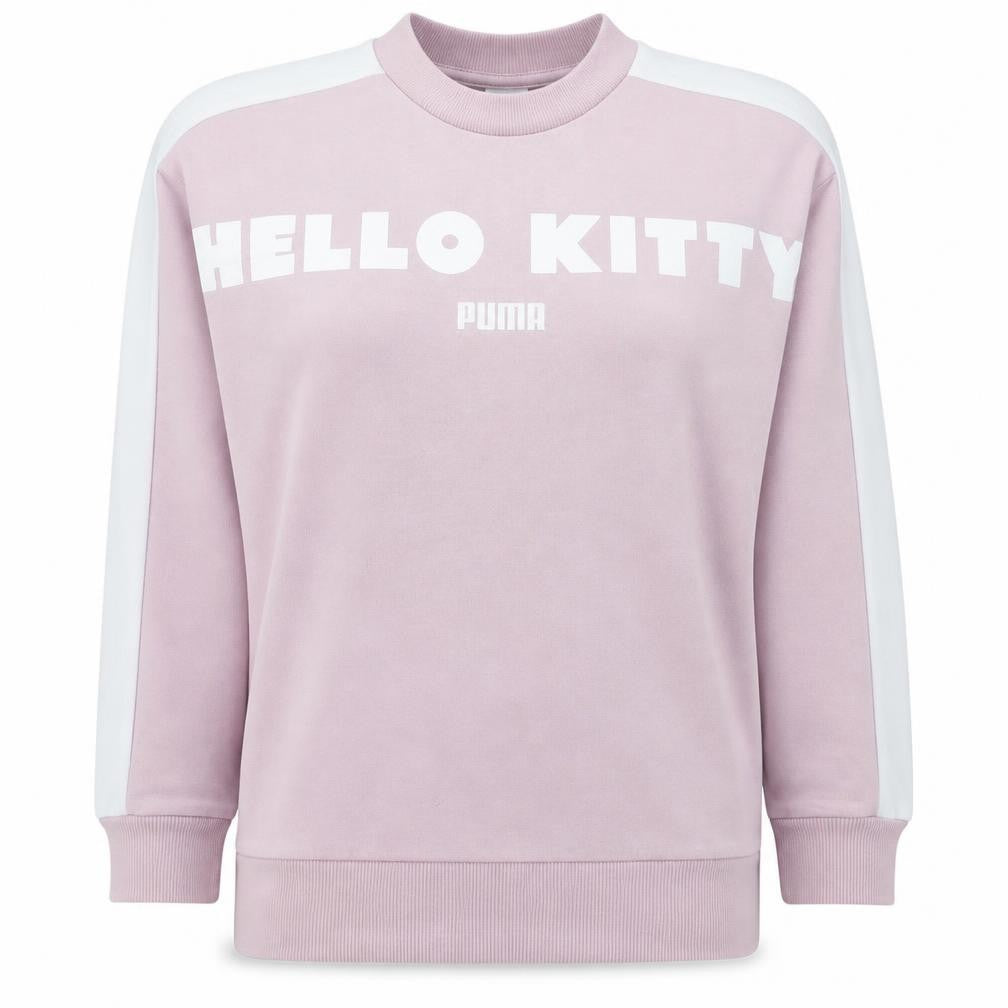 Front view of Puma Hello Kitty Women's Pink Crew Neck Pullover Sweatshirt, size S