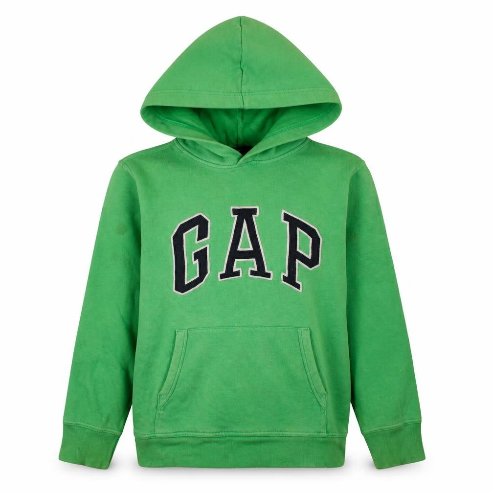 Front view of Gap boys’ green pullover hoodie 12 years fleece lined logo sweatshirt