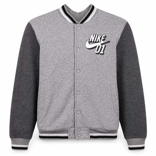 Front view of Nike boys’ grey varsity jacket, size 12-13, years snap fastening lined