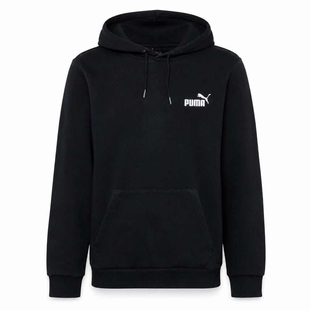Front view of Puma Men's Black Pullover Hoodie, size S, Logo Fleece Sweatshirt