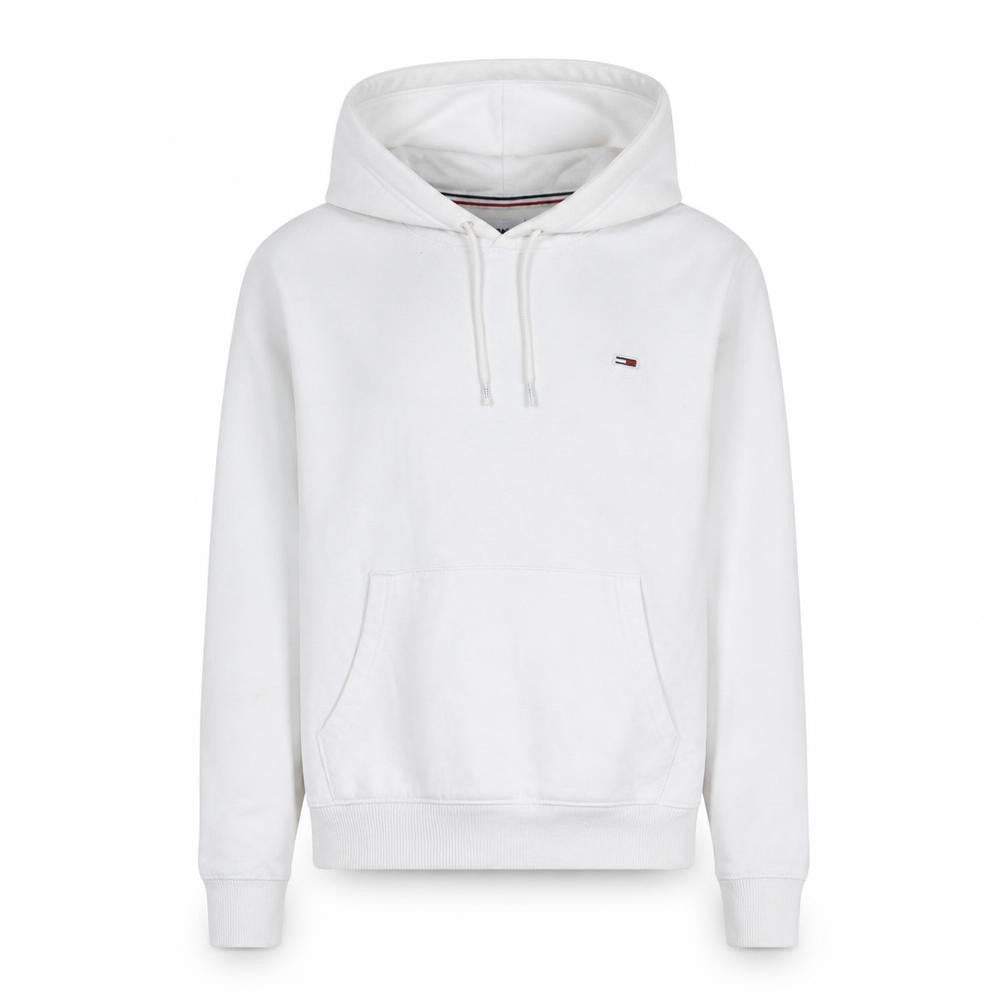 Front view of Tommy Jeans Men's White Pullover Hoodie, size S, Logo Cotton Blend
