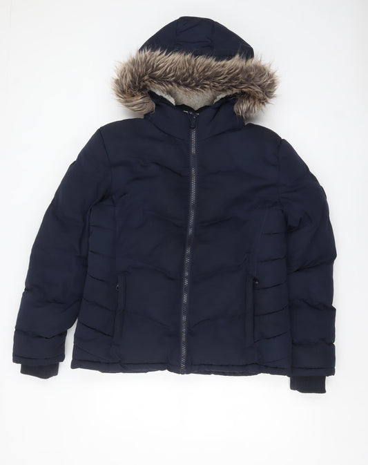 SoulCal & Co Women’s Blue Faux Fur Hooded Puffer Jacket Size 14