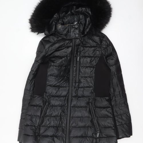 Karen Millen Women's Black Fur Trim Hooded Puffer Jacket Size 12