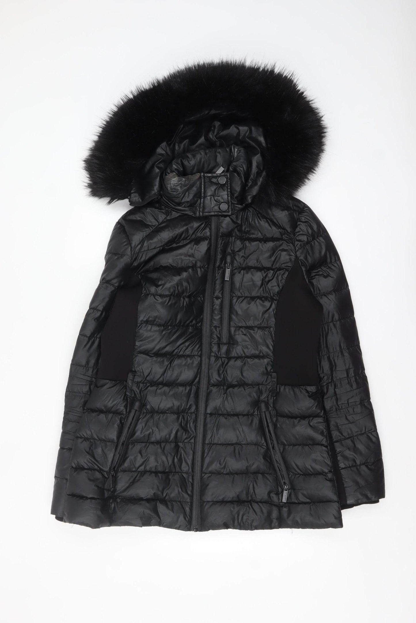 Karen Millen Women's Black Fur Trim Hooded Puffer Jacket Size 12