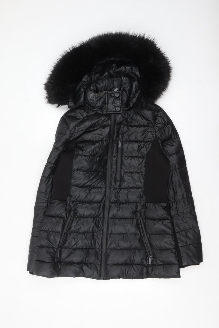 Karen Millen Women's Black Fur Trim Hooded Puffer Jacket Size 12
