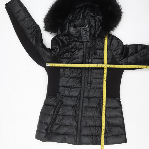 Karen Millen Women's Black Fur Trim Hooded Puffer Jacket Size 12