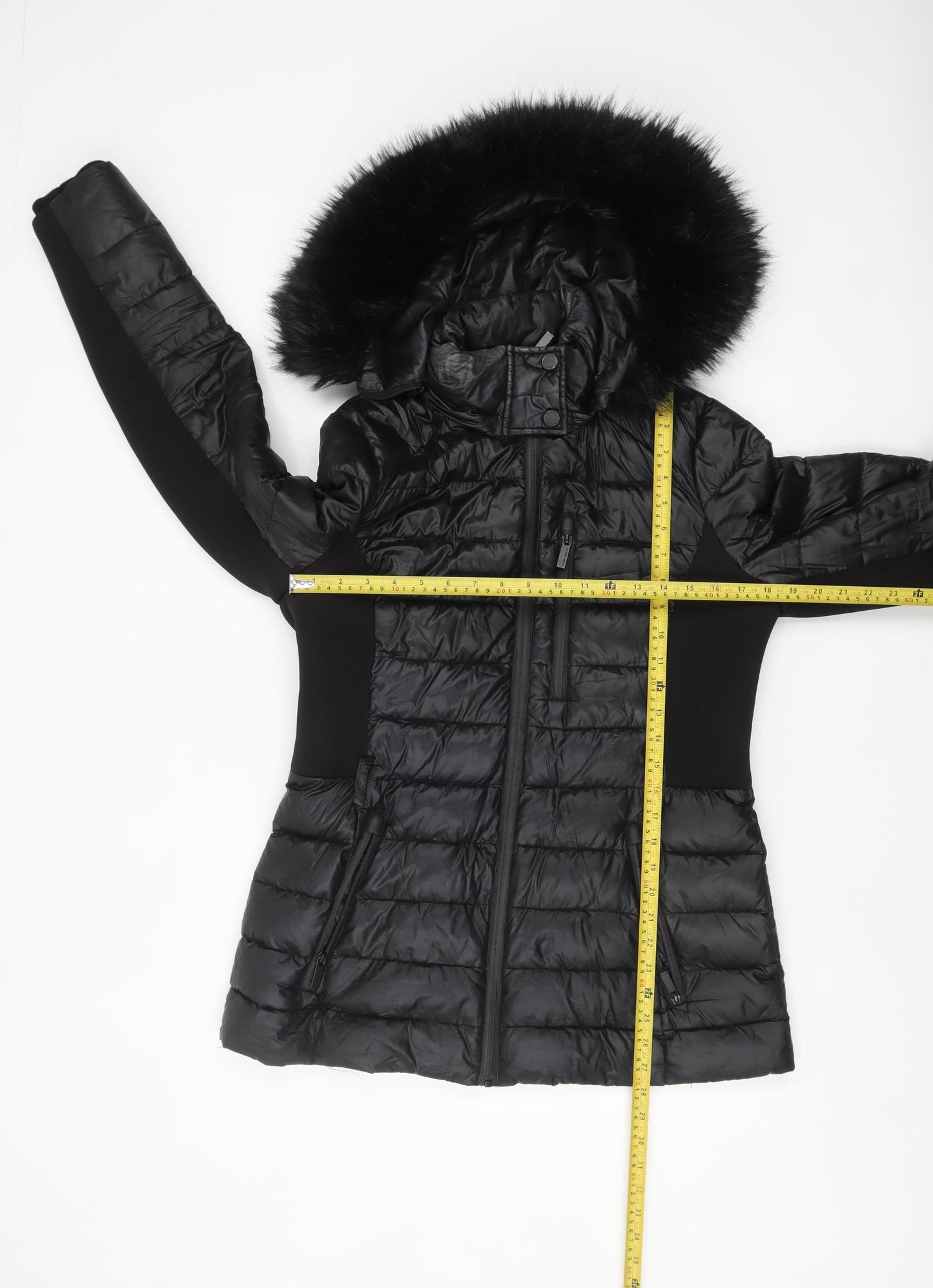 Karen Millen Women's Black Fur Trim Hooded Puffer Jacket Size 12