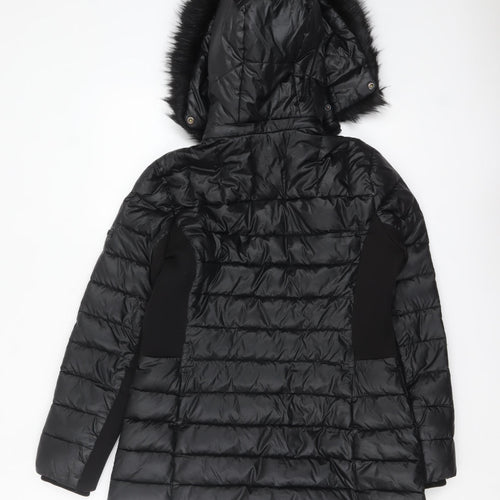 Karen Millen Women's Black Fur Trim Hooded Puffer Jacket Size 12