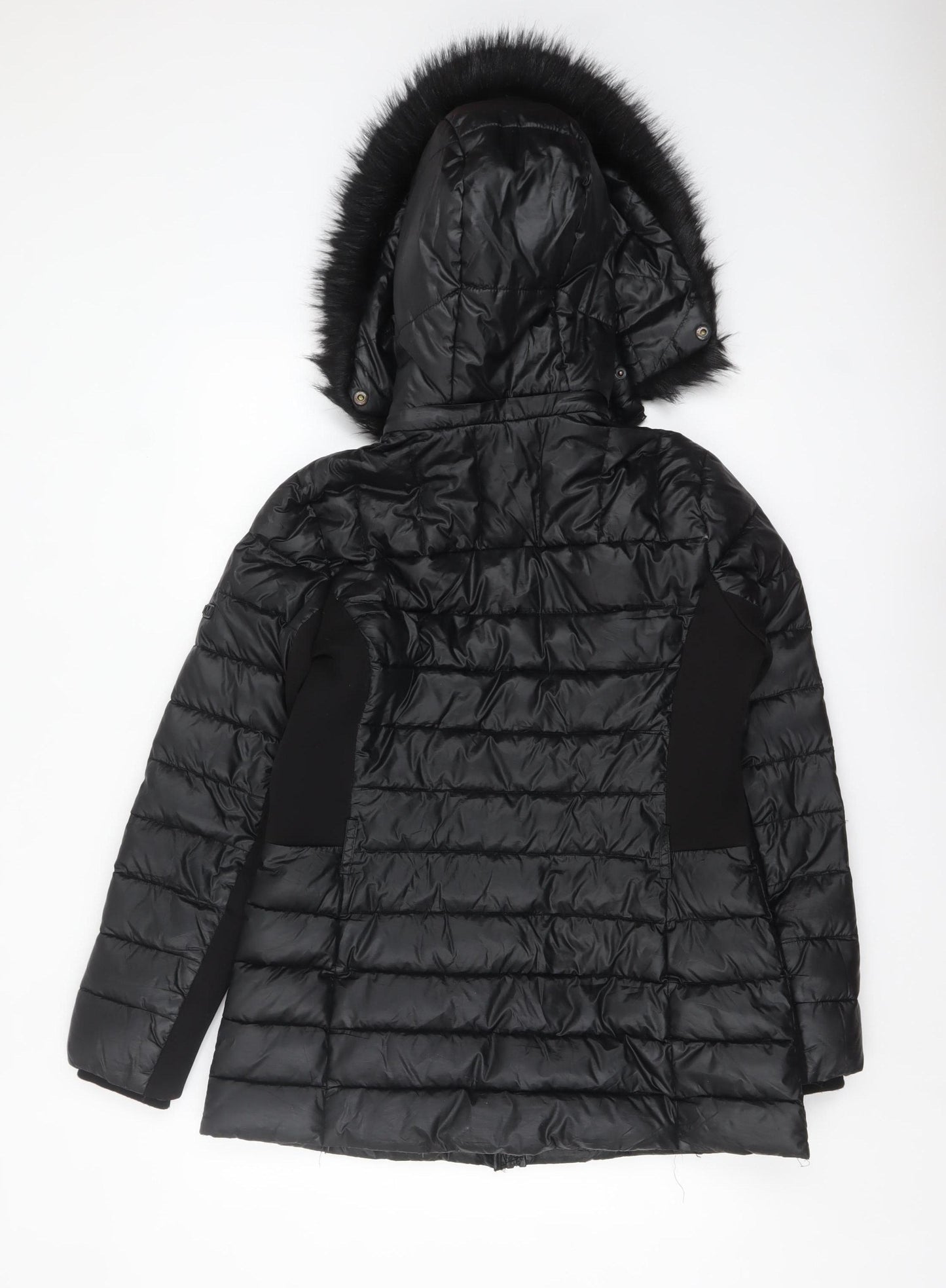 Karen Millen Women's Black Fur Trim Hooded Puffer Jacket Size 12