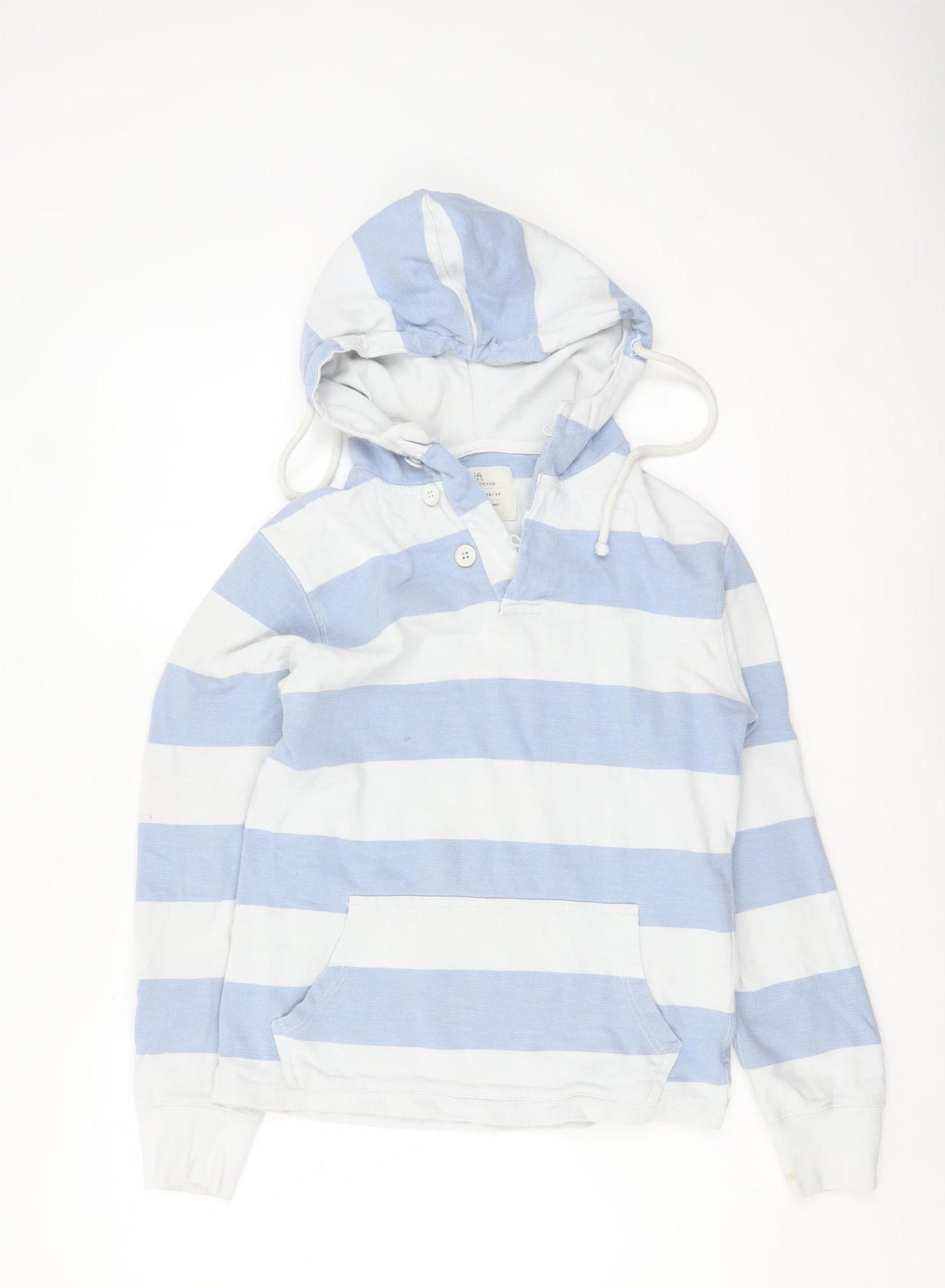 LFT Collection Women Blue White Striped Hooded Pullover Sweatshirt Size 10