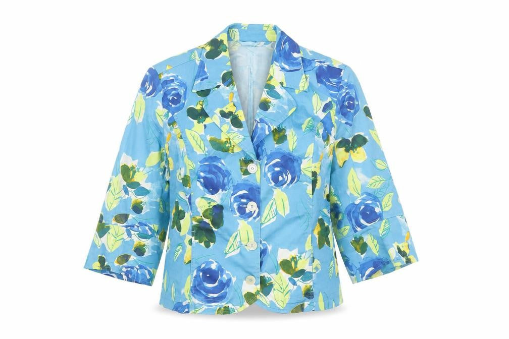 Front view of La Strada Women Blue Floral Blazer, size 10, Classic Summer Jacket