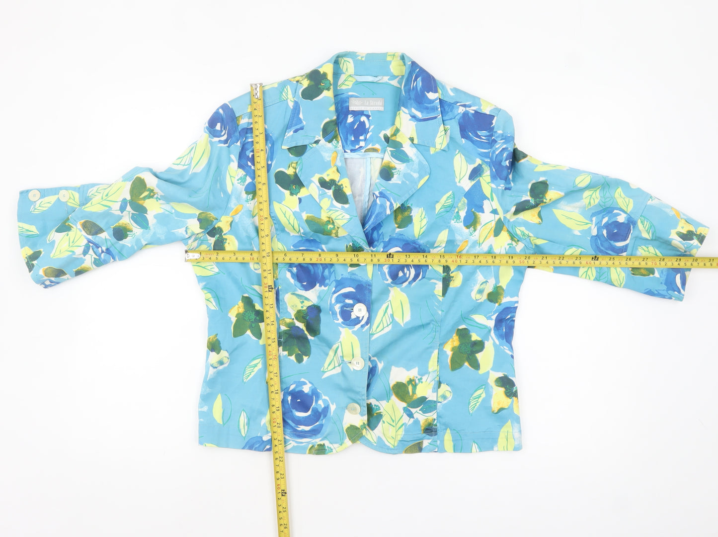 La Strada Women Blue Floral Blazer Size 10 Classic Summer Jacket