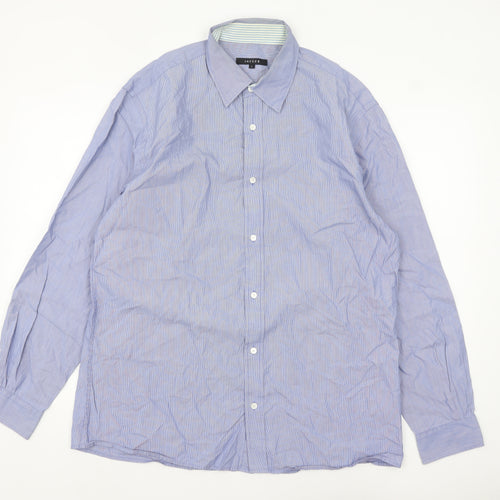 Jaeger Men's Blue Striped Cotton Long Sleeve Button-Up Shirt L