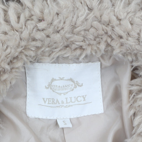 Vera & Lucy Women Beige Faux Fur Mid-Length Coat Size S
