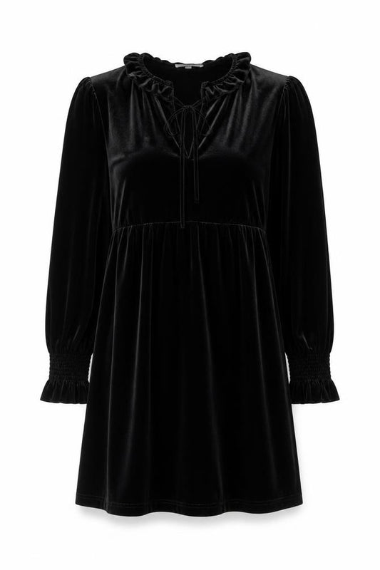 Front view of EMXEE Women’s Black Velvet Shift Dress, size UK 12, Long Sleeve Party Style