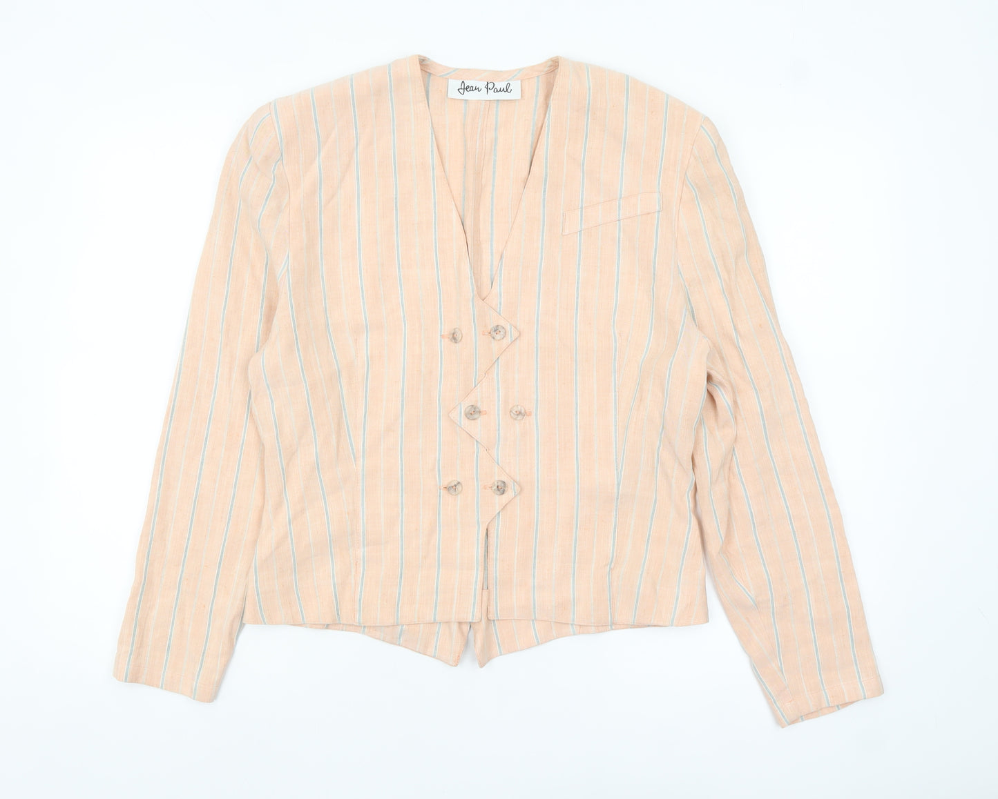 Jean Paul Women's Beige Striped Double-Breasted Blazer Size 12 Linen Blend