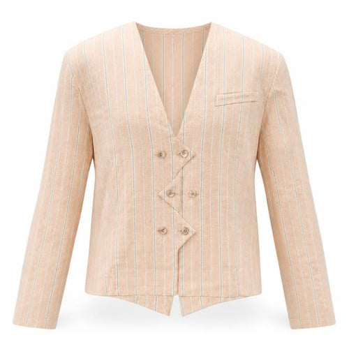 Jean Paul Women's Beige Striped Double-Breasted Blazer Size 12 Linen Blend