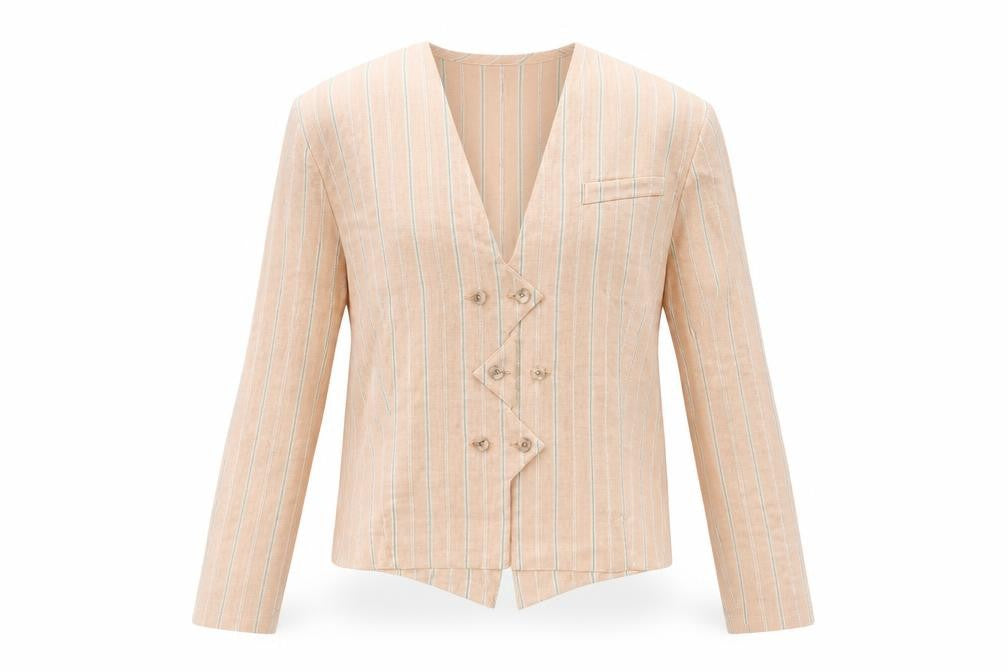 Jean Paul Women's Beige Striped Double-Breasted Blazer Size 12 Linen Blend