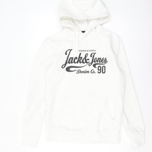 Jack & Jones Men’s White Pullover Hoodie M Logo Fleece Sweatshirt