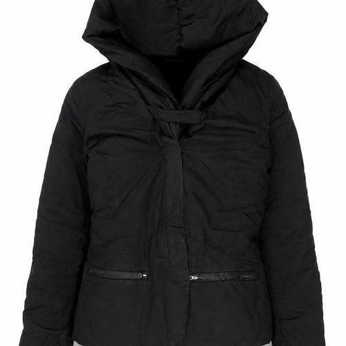 Coffee Shop Womens Black L Hooded Puffer Jacket Belted Mid-Length