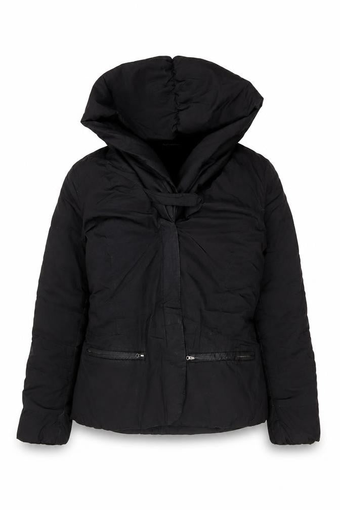 Coffee Shop Womens Black L Hooded Puffer Jacket Belted Mid-Length