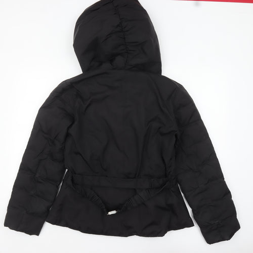 Coffee Shop Womens Black L Hooded Puffer Jacket Belted Mid-Length