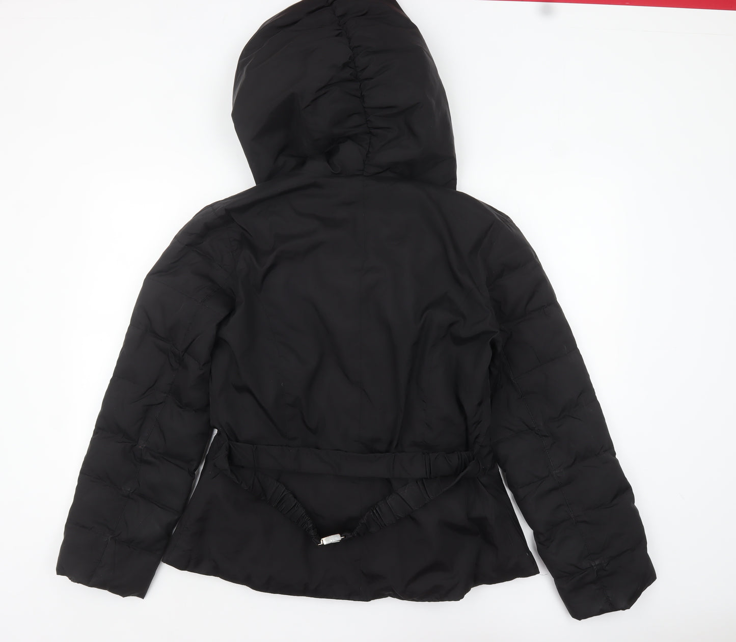 Coffee Shop Womens Black L Hooded Puffer Jacket Belted Mid-Length