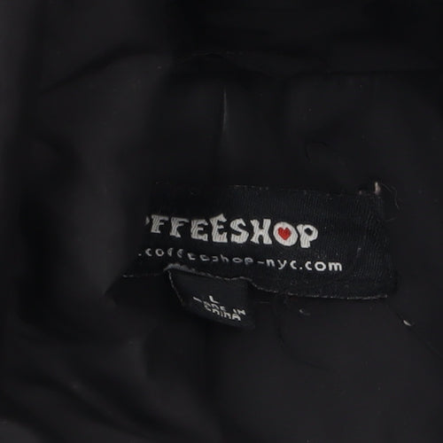 Coffee Shop Womens Black L Hooded Puffer Jacket Belted Mid-Length