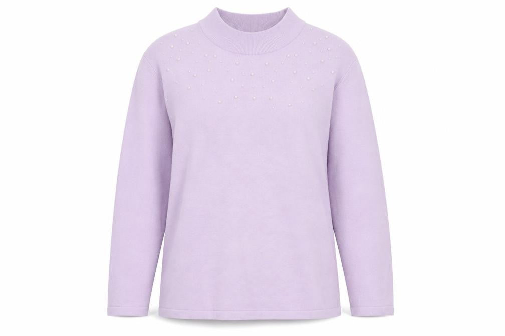 Front view of Damart Women’s Purple Mock Neck Beaded jumper, size UK 26/28