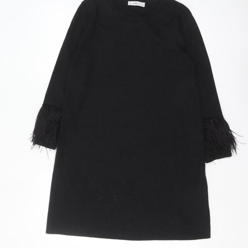 Zara Women Black Feather Trim Knit Shift Dress Size 12