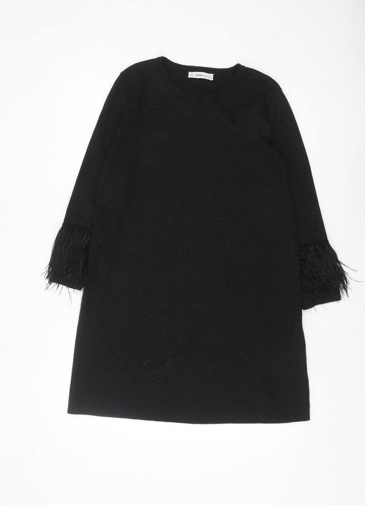 Zara Women Black Feather Trim Knit Shift Dress Size 12