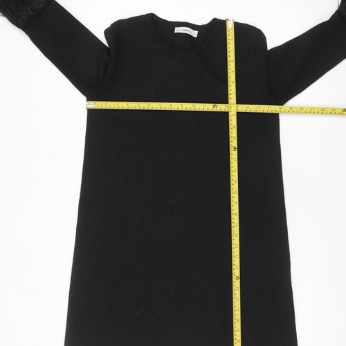 Zara Women Black Feather Trim Knit Shift Dress Size 12