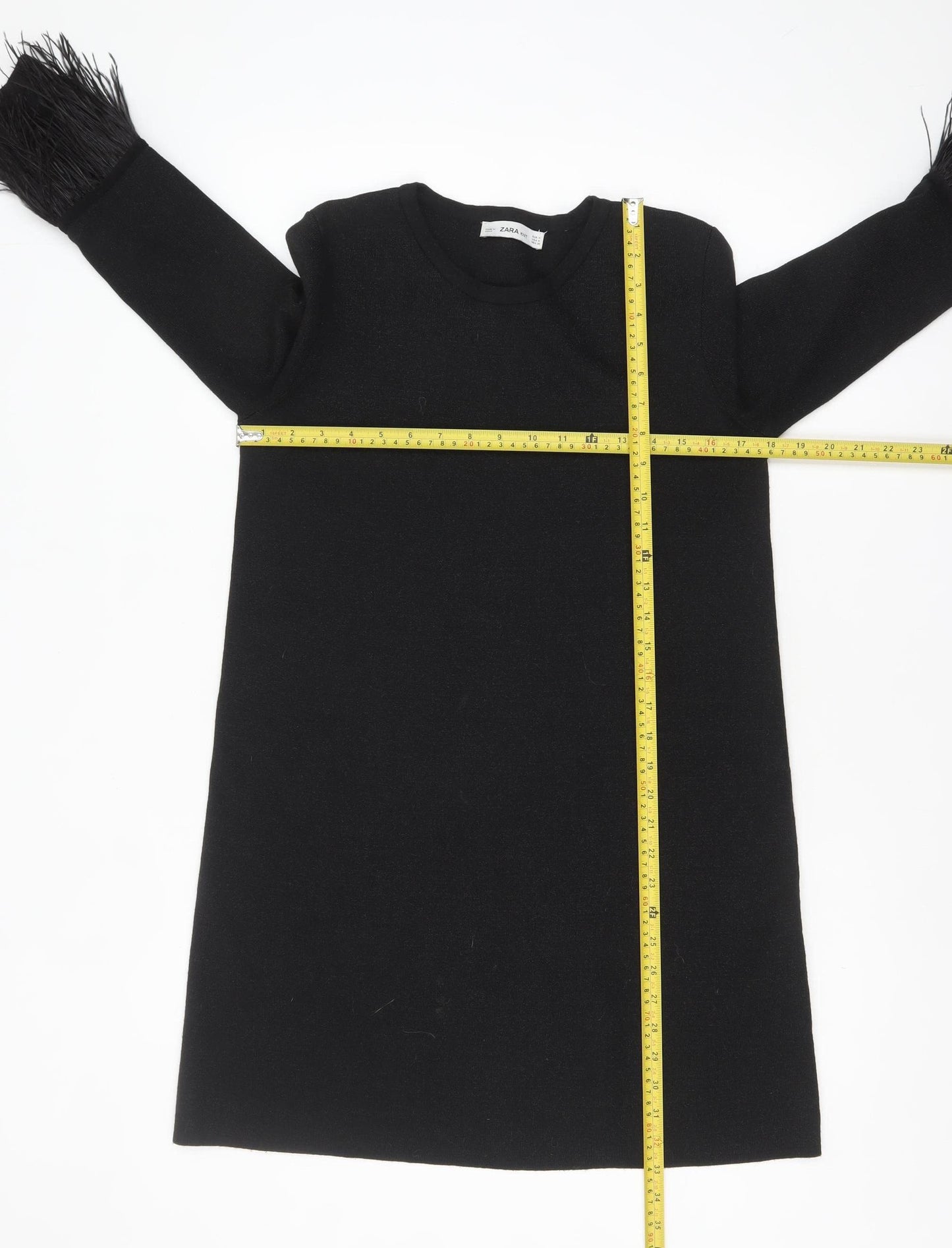 Zara Women Black Feather Trim Knit Shift Dress Size 12