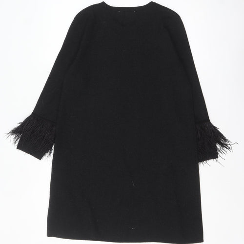 Zara Women Black Feather Trim Knit Shift Dress Size 12