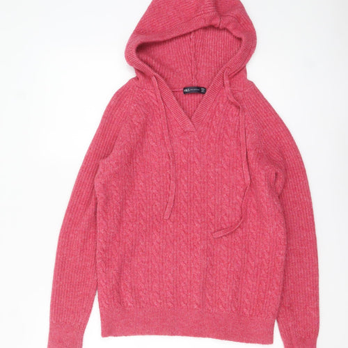 Marks and Spencer Women's Pink Hooded Cable-Knit Pullover Jumper Size S