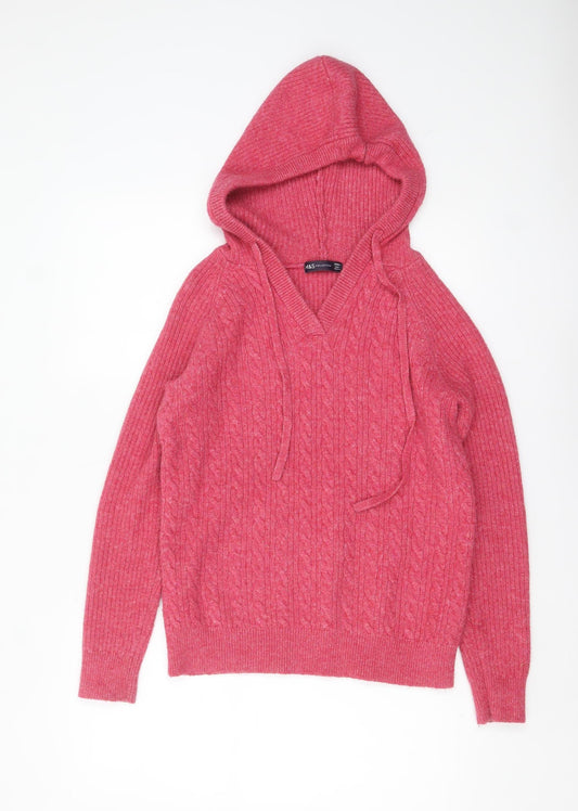 Marks and Spencer Women's Pink Hooded Cable-Knit Pullover Jumper Size S