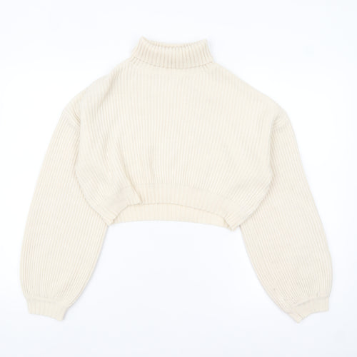 ROMWE Women Beige Roll Neck Chunky Knit Crop Jumper Size 8