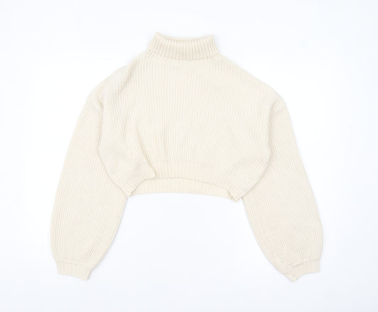 ROMWE Women Beige Roll Neck Chunky Knit Crop Jumper Size 8