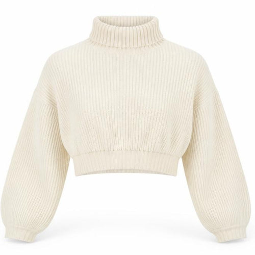 ROMWE Women Beige Roll Neck Chunky Knit Crop Jumper Size 8