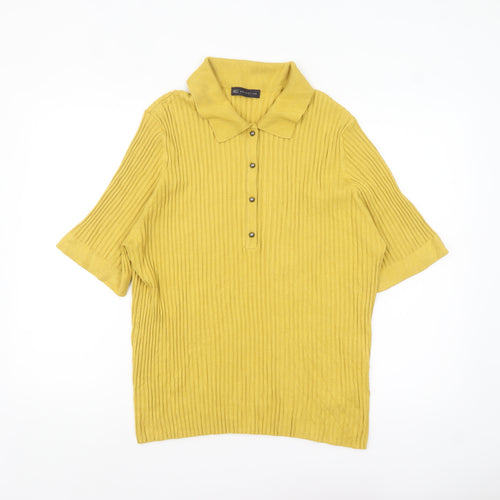 Marks and Spencer Women Yellow Collared Short Sleeve Ribbed Henley Jumper Size 24