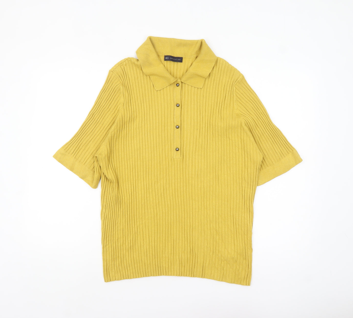 Marks and Spencer Women Yellow Collared Short Sleeve Ribbed Henley Jumper Size 24
