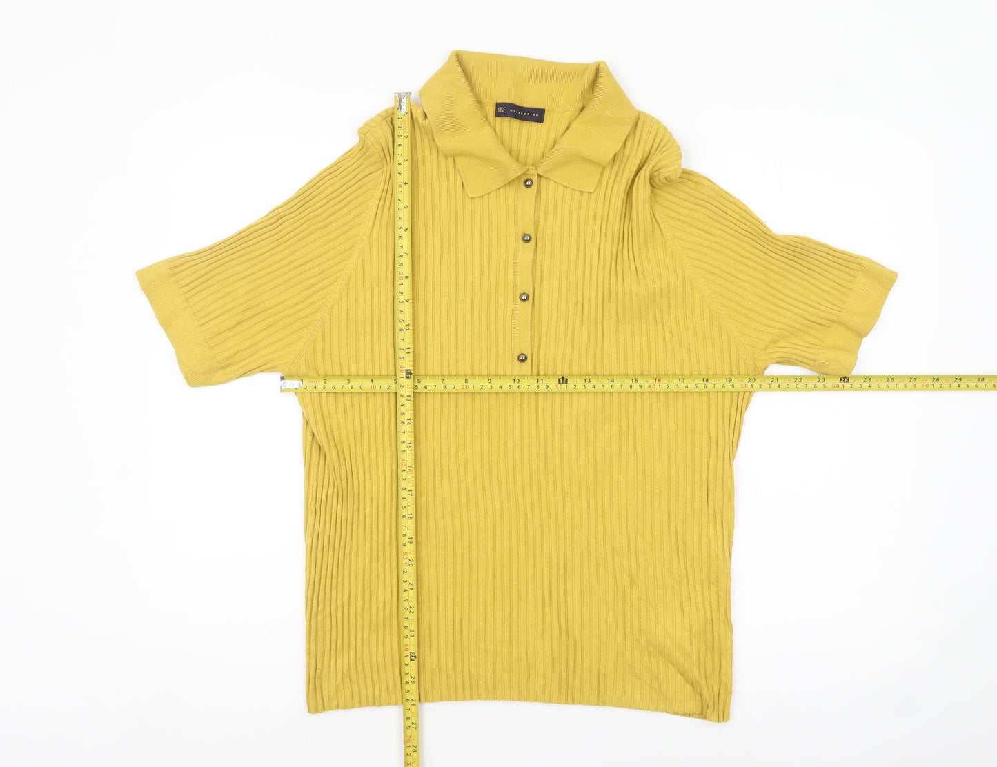 Marks and Spencer Women Yellow Collared Short Sleeve Ribbed Henley Jumper Size 24